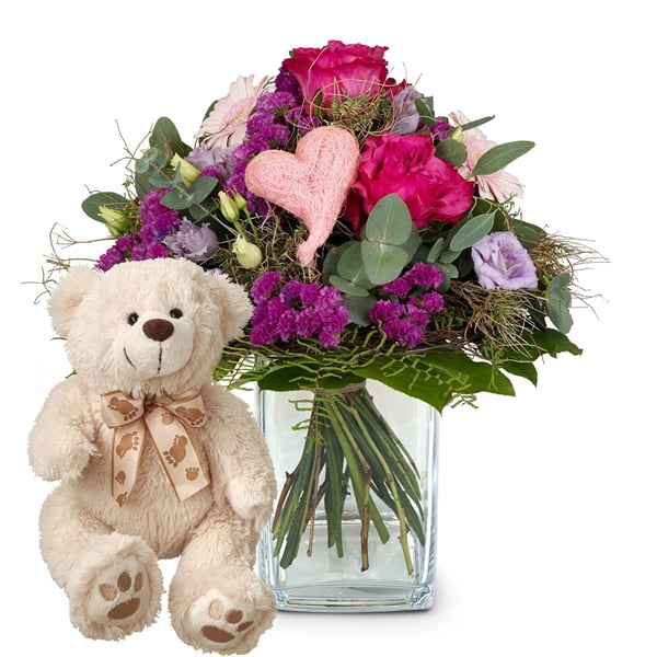 Fleurop Flower bouquet 'Sweet Bloom' with teddy bear 'Bianca