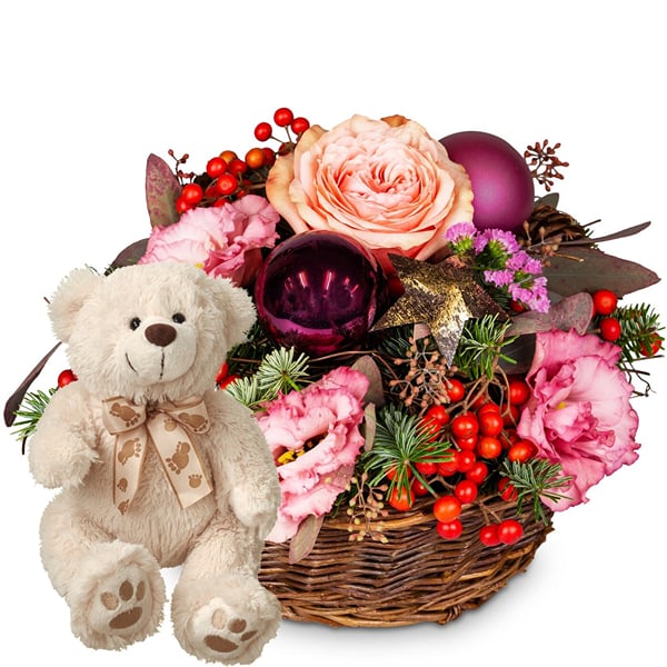 Flower arrangement 'Froehliche Weihnachtszeit' with teddy be