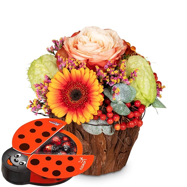 Flower arrangement 'Happy Surprise' with Munz chocolate lady