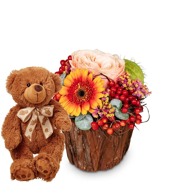 Flower arrangement 'Happy Surprise' with teddy bear 'Bruno'