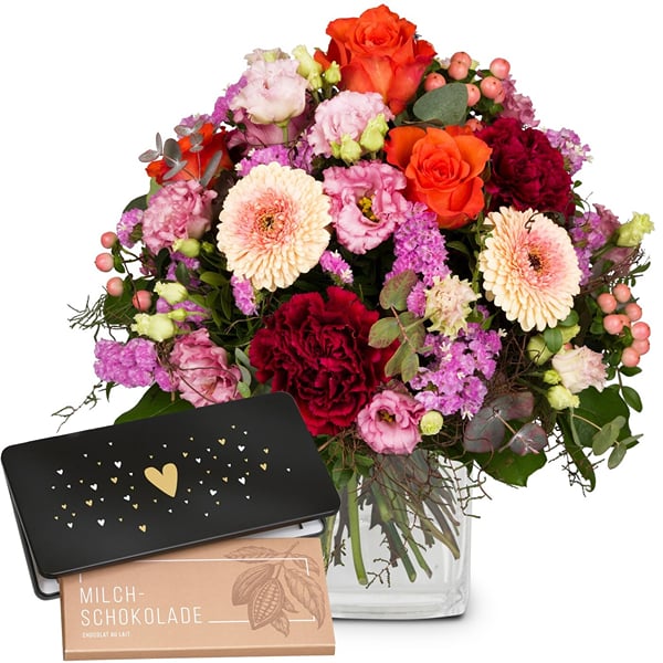 Flower bouquet 'Birthday' with Munz bar of chocolate 'Heart'