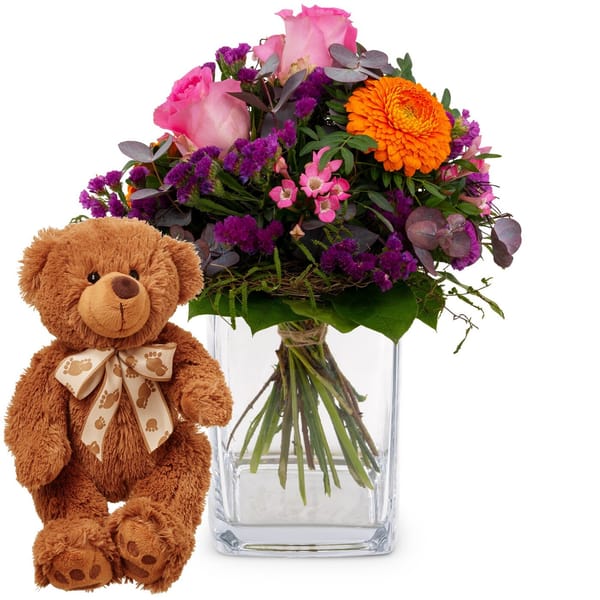 Flower bouquet 'Blossom Beauty' with teddy bear