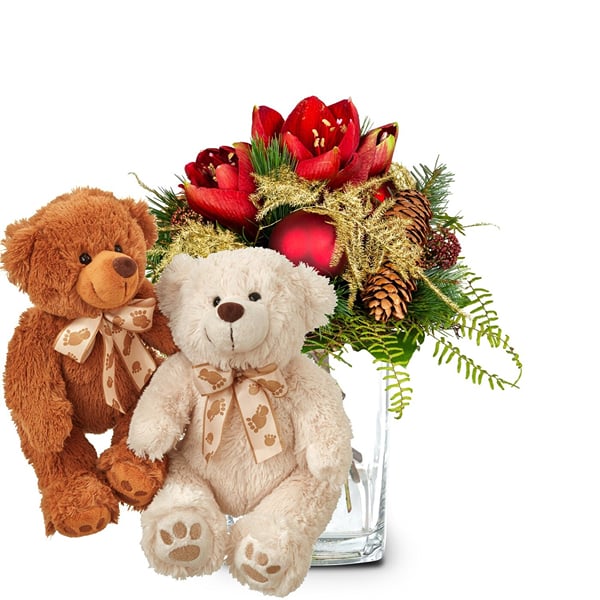 Flower bouquet 'Christmas' with two teddy bears 'Bianca Brun