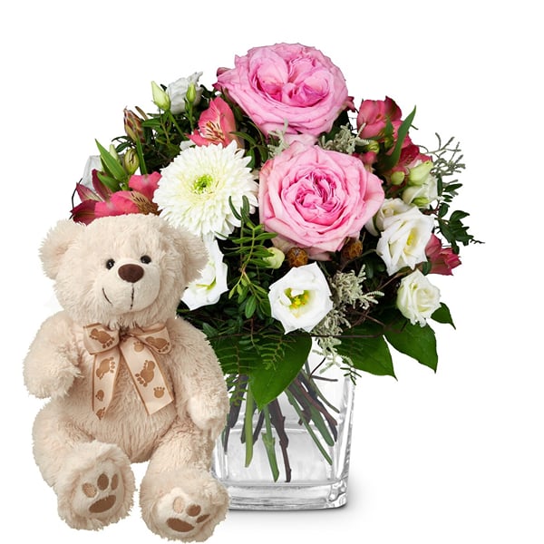 Flower bouquet 'Delicate Winter Romance' with teddy bear 'Bi