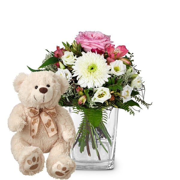 Flower bouquet 'Delicate Winter Romance' with teddy bear 'Bi