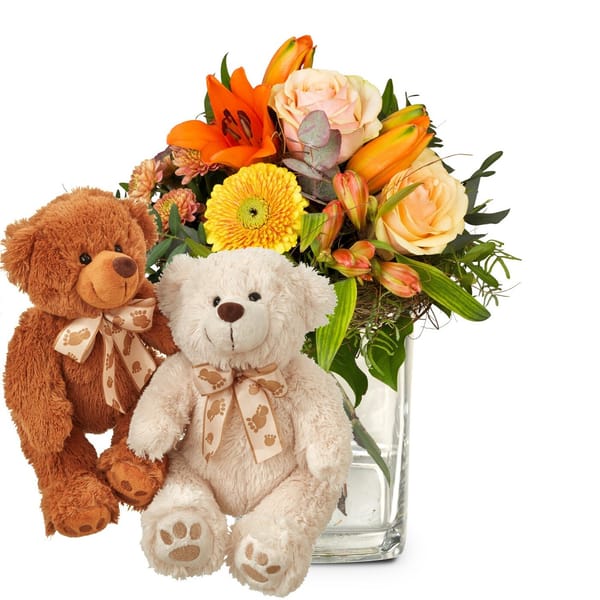 Flower bouquet 'Wonderful Day with Lily' with two teddy bear