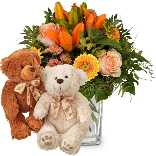 Flower bouquet 'Wonderful Day with Lily' with two teddy bear